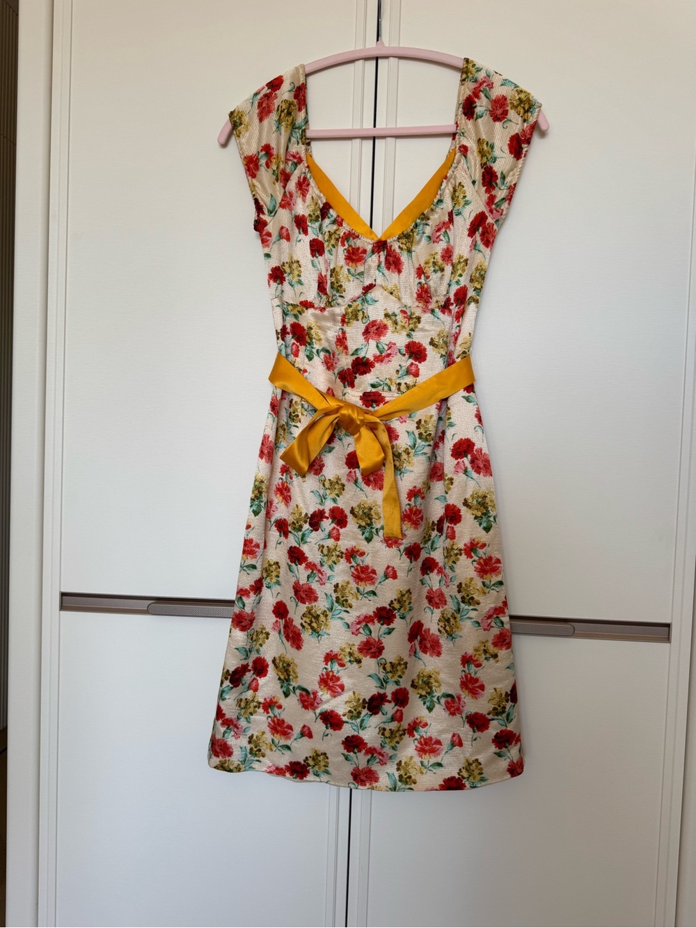 Derek Lam Cream Floral Midi Dress with Red & Yellow Accents
